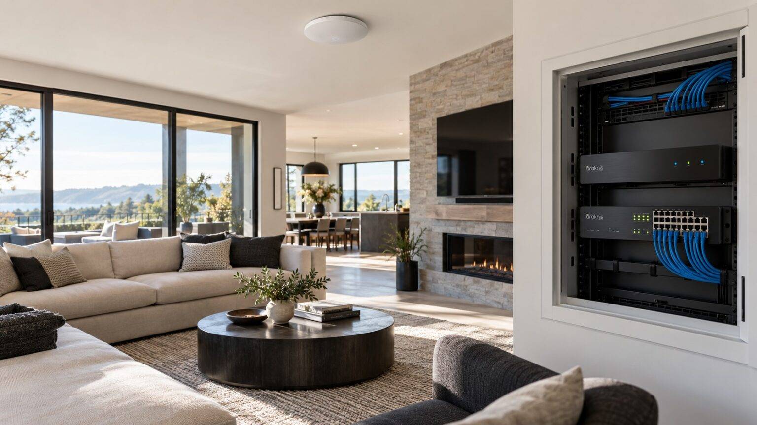 Living room with a recessed wall rack of Araknis networking equipment