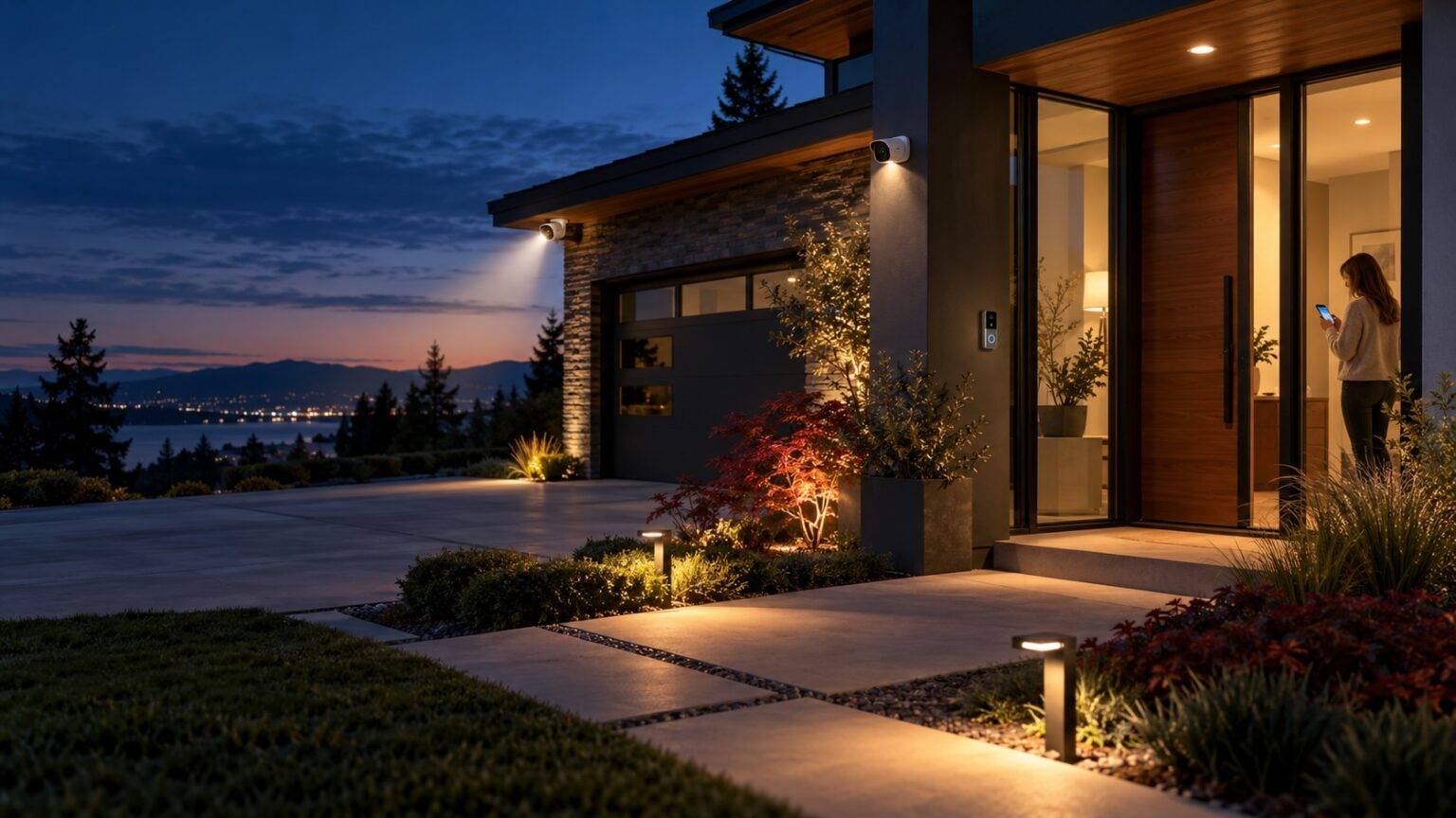 Home entry at dusk with security cameras and a video doorbell as the homeowner checks her phone