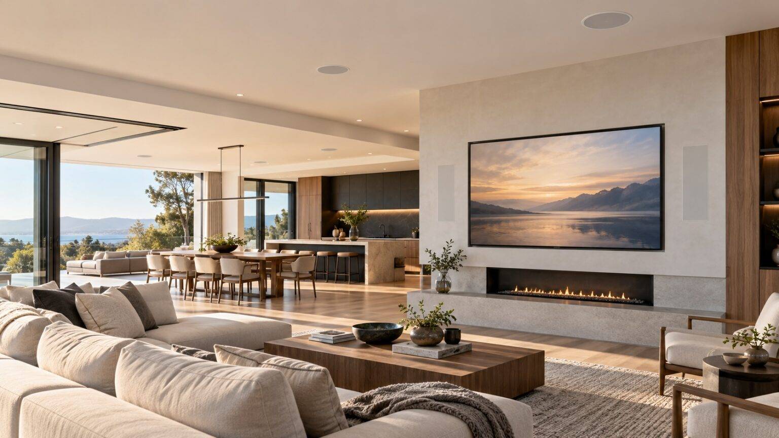 Open living room with in-ceiling and in-wall speakers around a wall-mounted TV