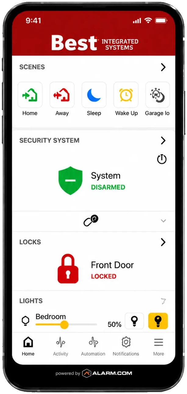 iPhone showing the Best Integrated Systems–branded Alarm.com app home screen with scenes, security system status, front door lock, and lighting controls