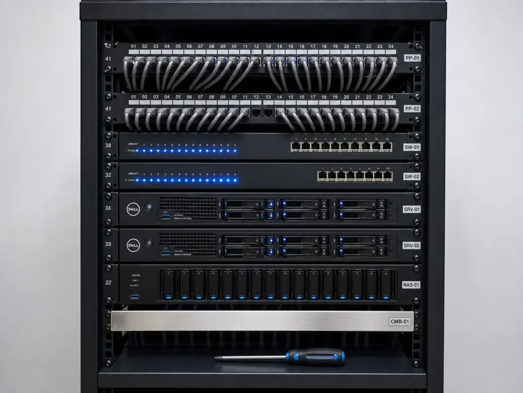 Neatly structured network enclosure with managed PoE switch, router, and low voltage patch panels