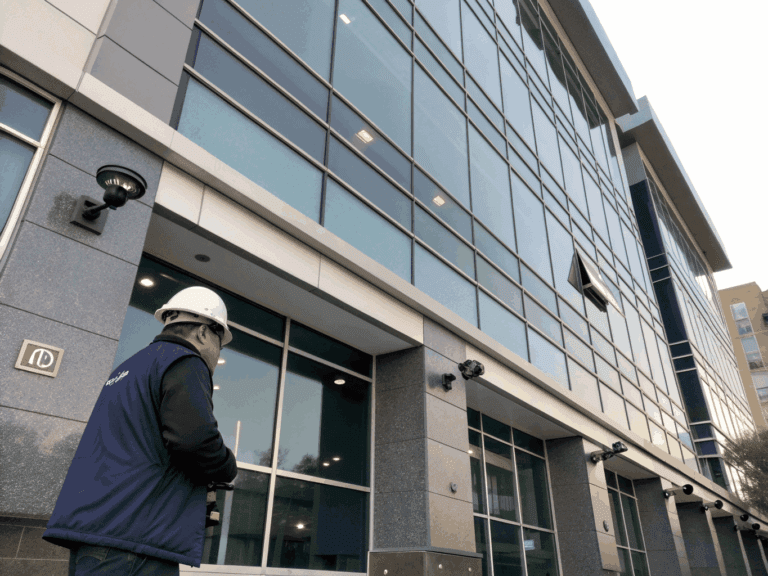 Ultra-HD security cameras mounted with concealed low-voltage cabling on modern architecture