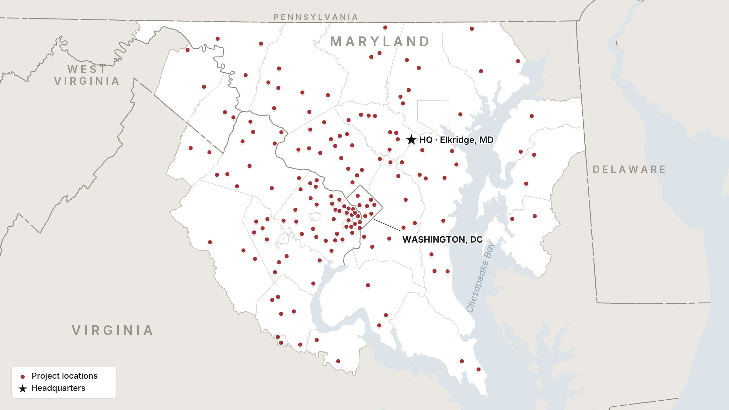 Service area map: Maryland, Northern Virginia, Washington DC and West Virginia's eastern panhandle, with project-location pins and our Elkridge, MD headquarters.