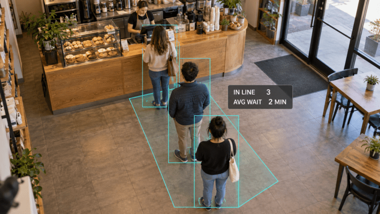 AI video analytics tracking a queue of three customers at a coffee shop counter with bounding boxes showing queue count and average wait time