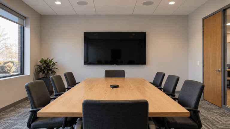Modern corporate boardroom with wall-mounted conference display and audio integration