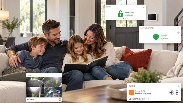 Family relaxing on the sofa with smart home app panels for door locks, security, cameras and music
