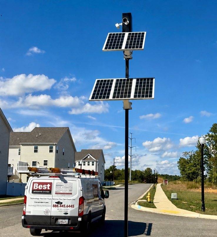 BEST solar-powered camera tower and service van at a new-home community under construction